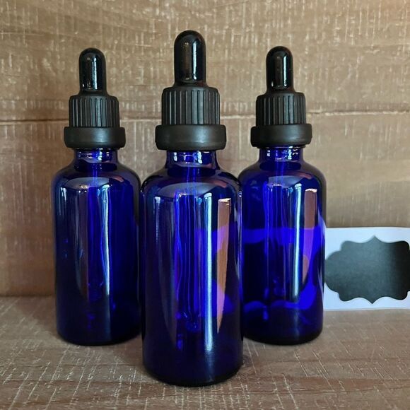 Blue Glass Dropper Bottle 2 oz - Set of 3 - Picture 1 of 2